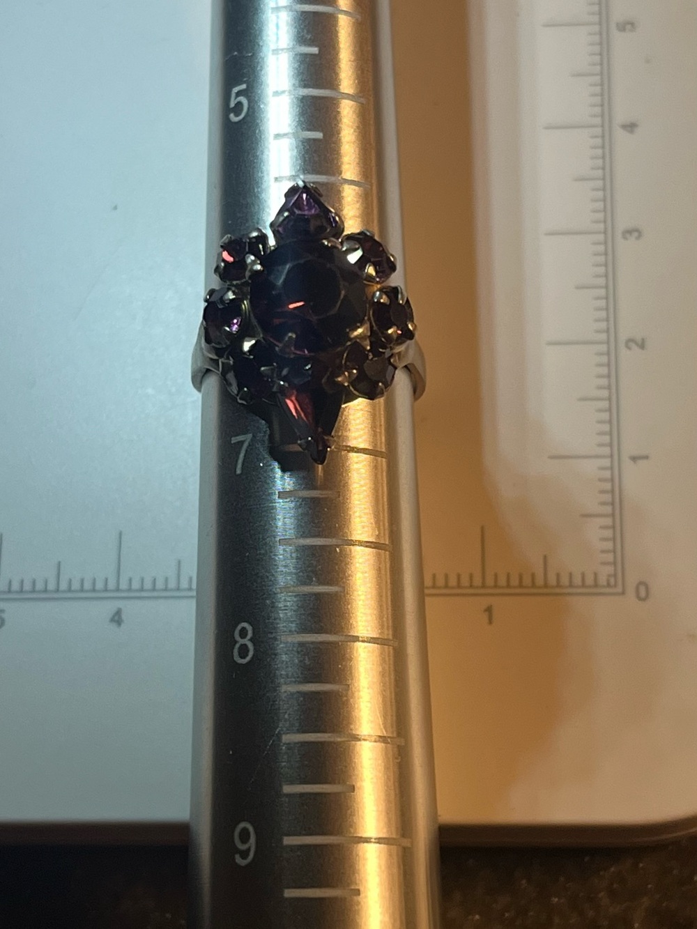 Vintage Purple Rhinestone Cocktail Ring | Adjustable | Untested | Silver Tone